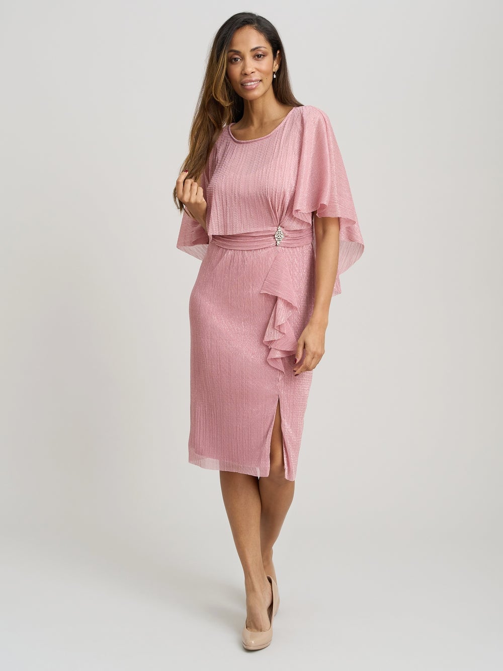 Pink Metallic Knit Dress with Ruffle Detail Pink Metallic Knit Dress with Ruffle Detail — Classy Metallic Outfits