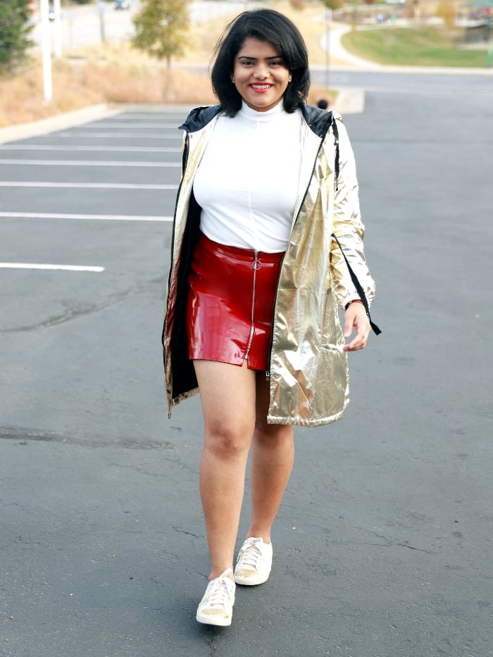 Gold Metallic Parka Coat Over Mini Skirt Gold Metallic Parka Coat Over Mini Skirt — Classy Metallic Outfits
