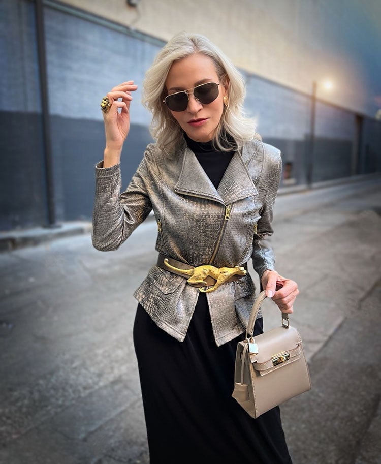 Silver Animal Print Moto Jacket Over Black Turtleneck Dress Silver Animal Print Moto Jacket Over Black Turtleneck Dress — Classy Metallic Outfits