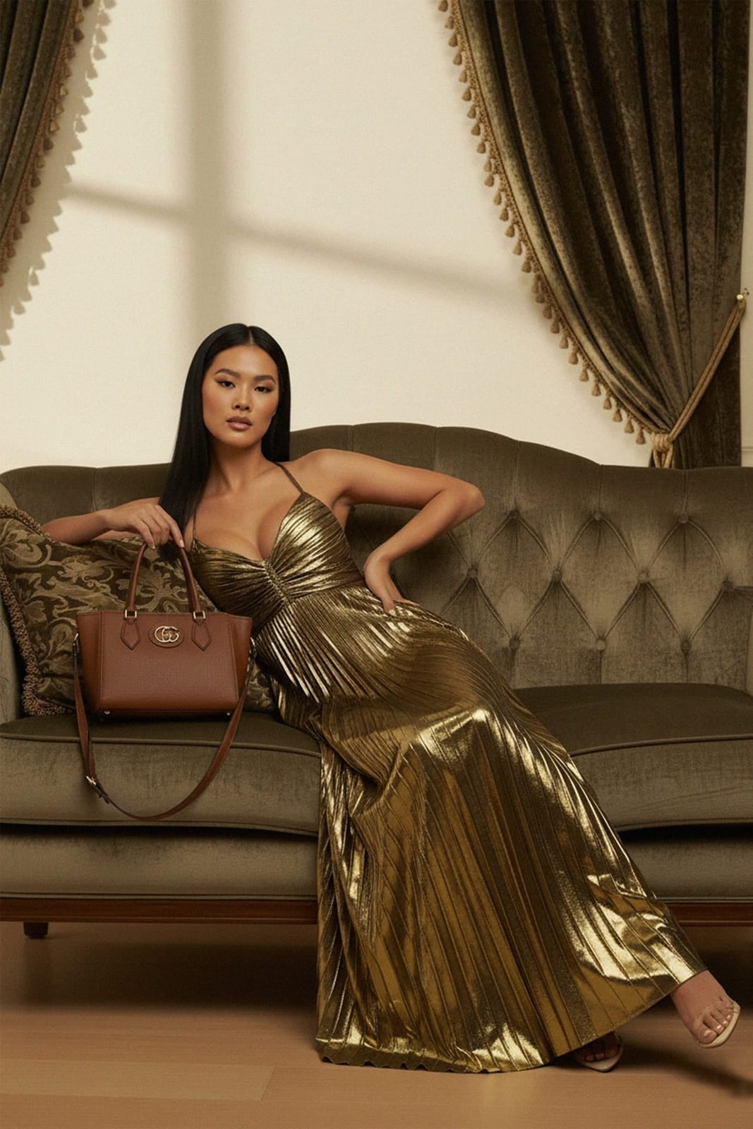 Gold Pleated Metallic Gown for Evening Gold Pleated Metallic Gown for Evening — Classy Metallic Outfits