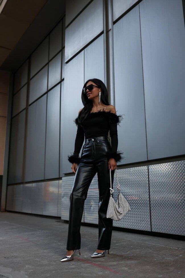 Black Feather Trim Top with Leather Pants Black Feather Trim Top with Leather Pants — Classy Metallic Outfits
