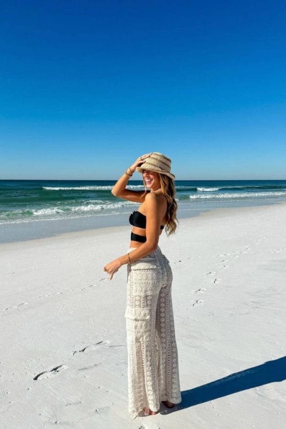 Crochet Wide-Leg Pants with Bikini Top, Close-Up Take — Classy Miami Outfits