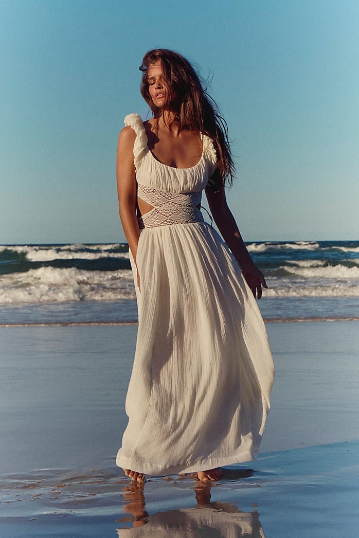 White Gauzy Cotton Maxi Dress with Cutouts, Close-Up Take — Classy Miami Outfits