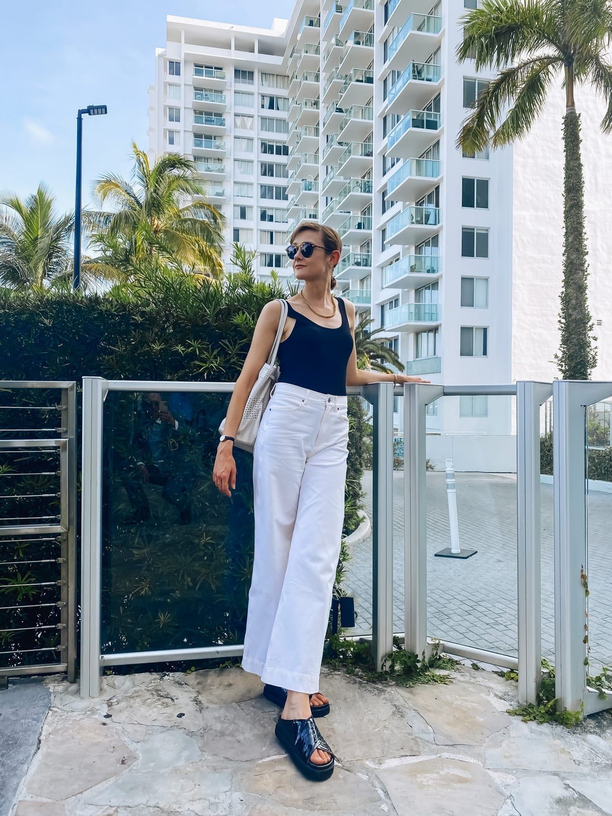 White Denim Wide-Leg Pants with Black Tank — Classy Miami Outfits