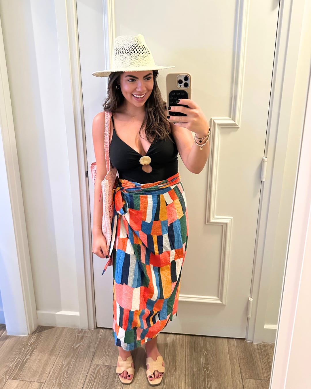 Black Swimsuit with Colorful Wrap Skirt — Classy Miami Outfits