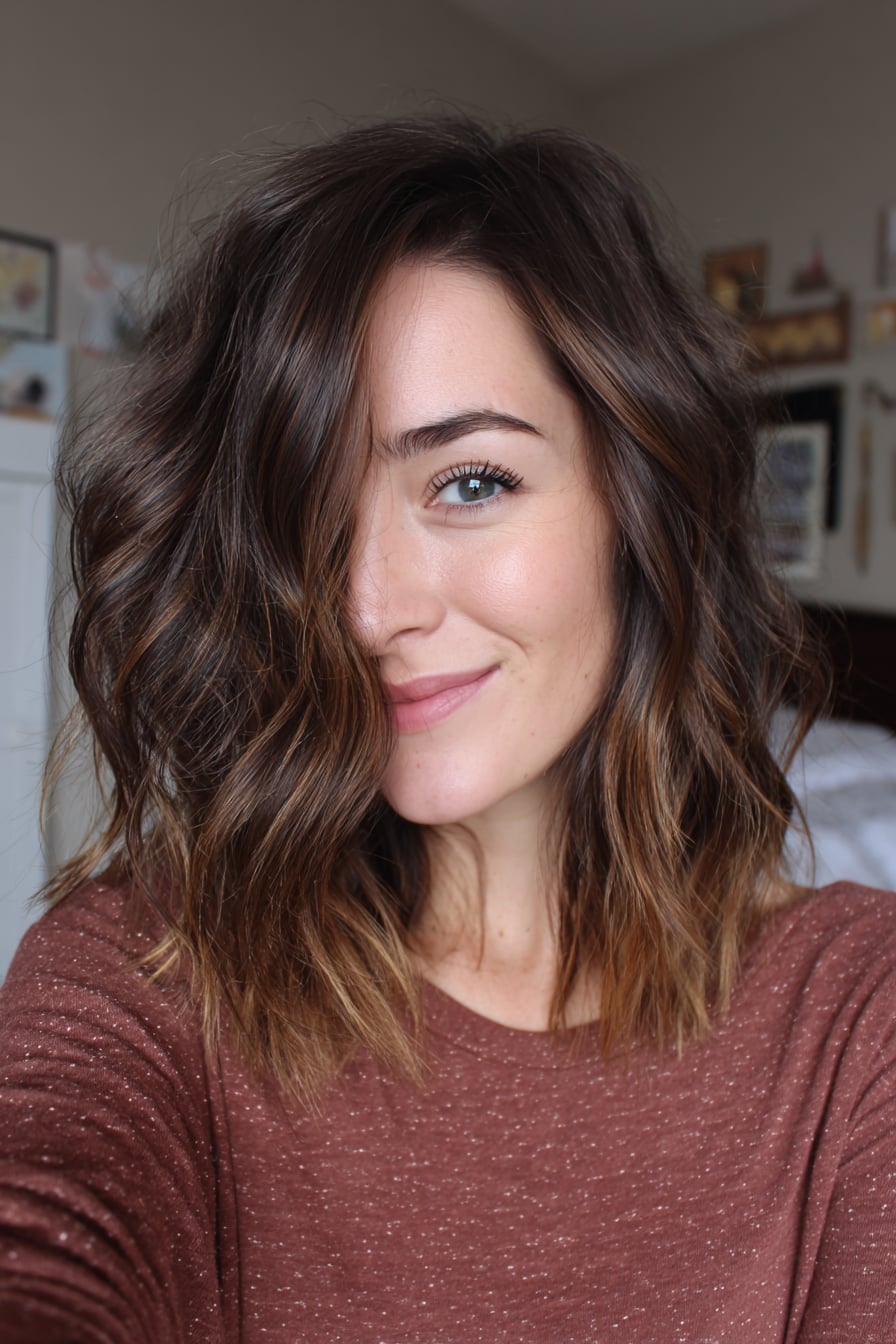 Effortless Air-Dried Dark Brown Lob — Classy Mid Length Hair