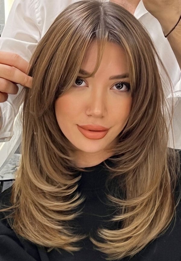 Thick Layered Cut With Face Framing Highlights Thick Layered Cut With Face Framing Highlights — Classy Mid Length Haircuts
