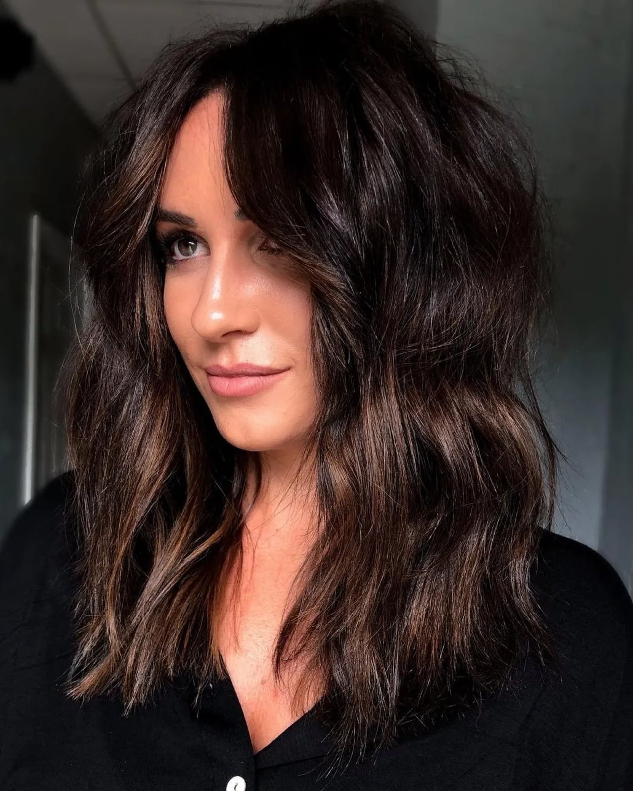 Dark Blonde Balayage Long Bob With Curtain Bangs Dark Blonde Balayage Long Bob With Curtain Bangs — Classy Mid Length Haircuts