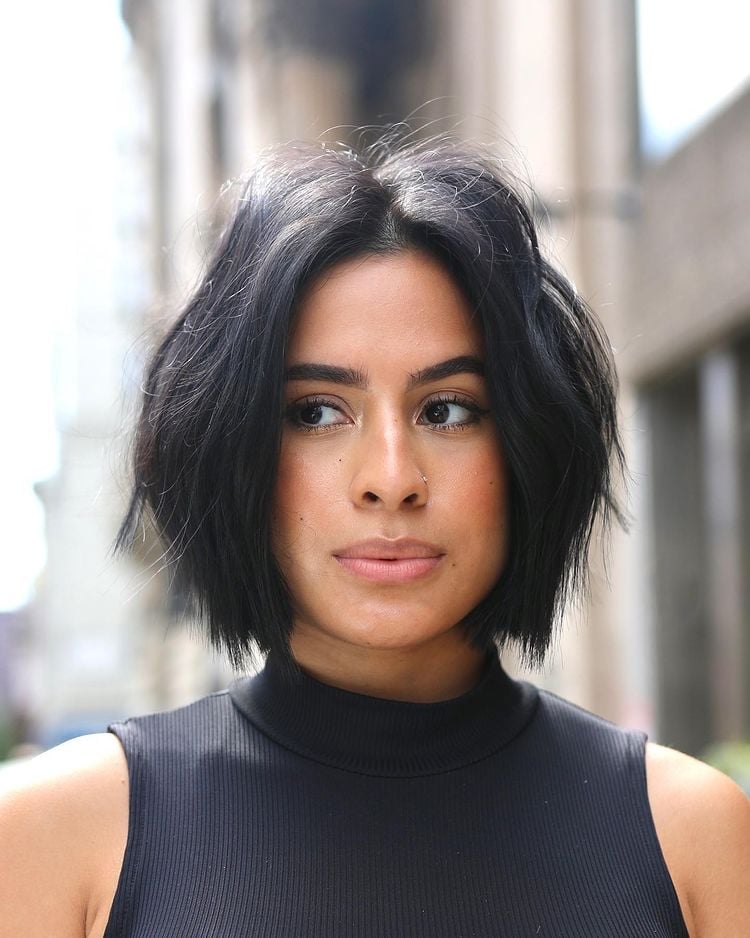 Textured Dark Brown Bob With Subtle Highlights Textured Dark Brown Bob With Subtle Highlights — Classy Middle Part Bob