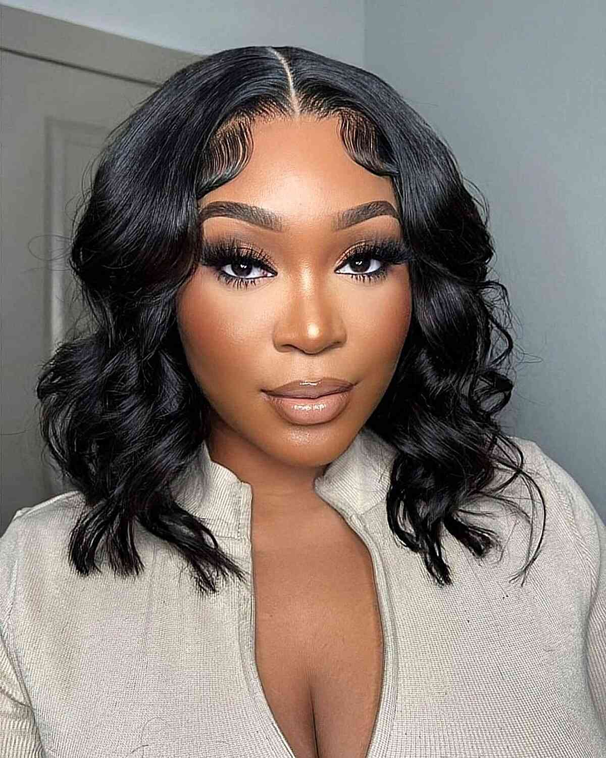 Layered Black Bob With Baby Bangs Layered Black Bob With Baby Bangs — Classy Middle Part Bob