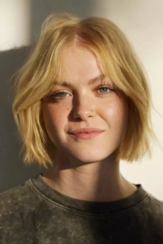 Blonde Bob With Wispy Curtain Bangs Blonde Bob With Wispy Curtain Bangs — Classy Middle Part Bob