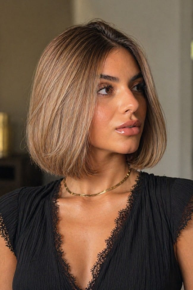 Beige Bronde Bob With Inward Curl Beige Bronde Bob With Inward Curl — Classy Middle Part Bob