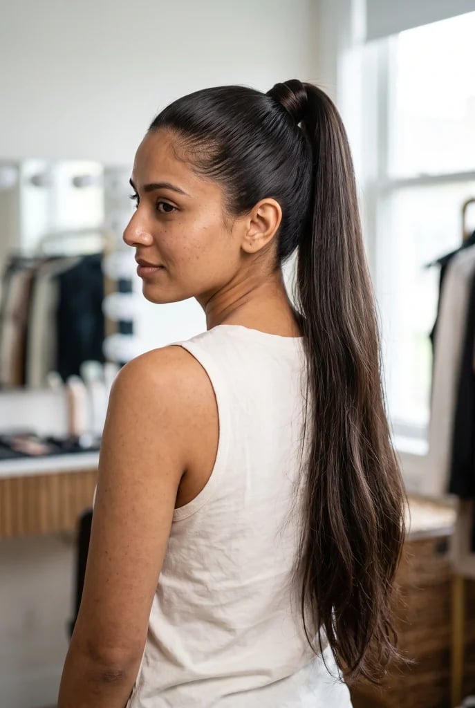 Extreme Length Sleek Dark Brown Ponytail Extreme Length Sleek Dark Brown Ponytail — Classy Middle Part Ponytail