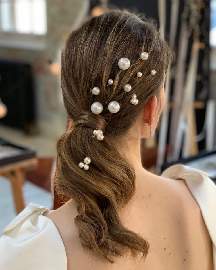 Low Wavy Ponytail With Pearl Adornments, Dark Brown Low Wavy Ponytail With Pearl Adornments, Dark Brown — Classy Middle Part Ponytail
