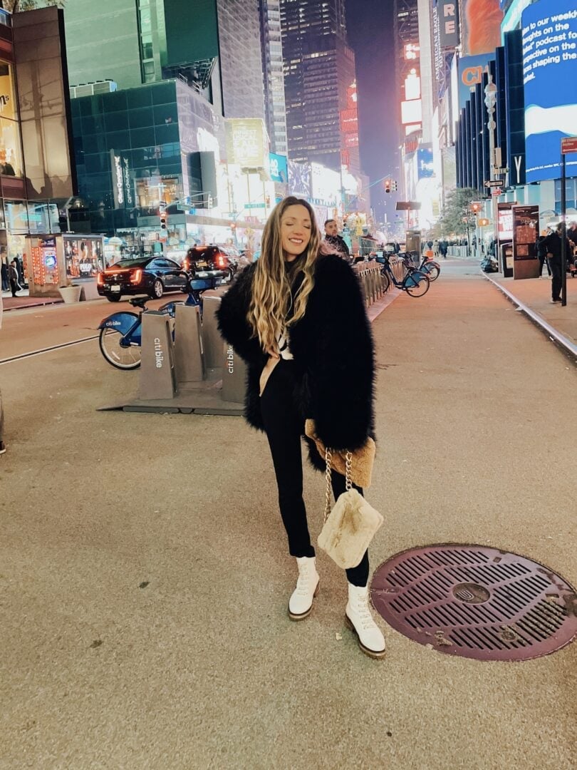 Oversized Black Faux Fur Coat With Leggings and White Lace-Up Boots — Classy Mob Wife Outfits