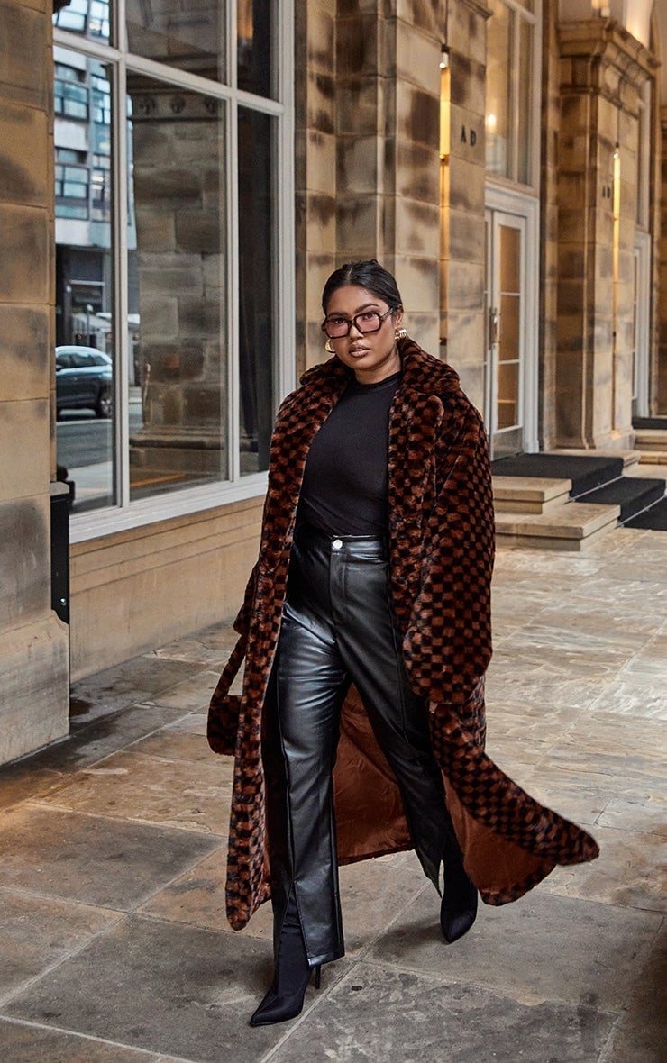 Checkered Faux Fur Coat With Leather Trousers — Classy Mob Wife Outfits