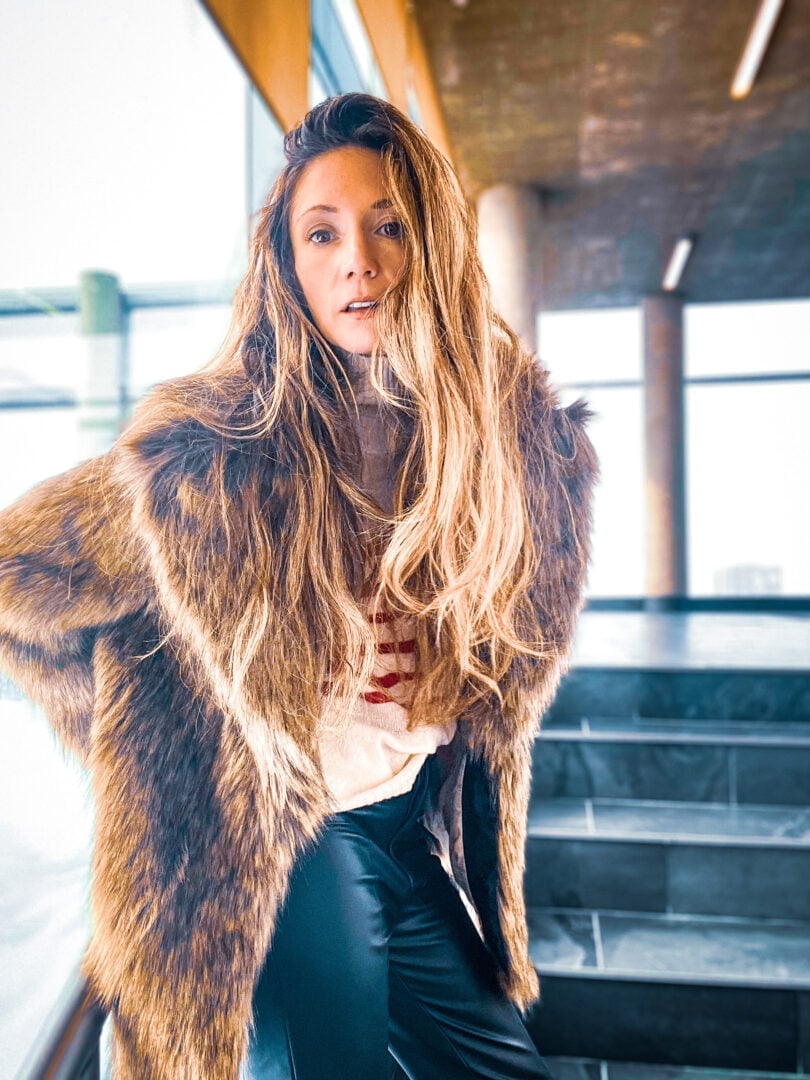 Brown Faux Fur Coat With Striped Sweater — Classy Mob Wife Outfits