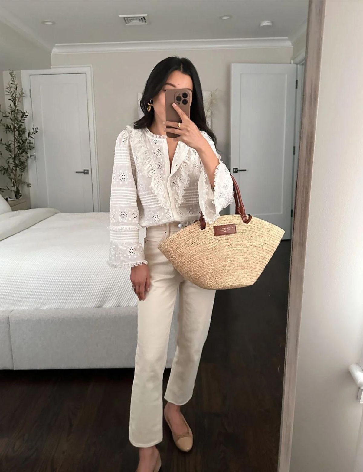 Broderie Anglaise Blouse and Cream Trousers Broderie Anglaise Blouse and Cream Trousers — Classy Modest Outfits