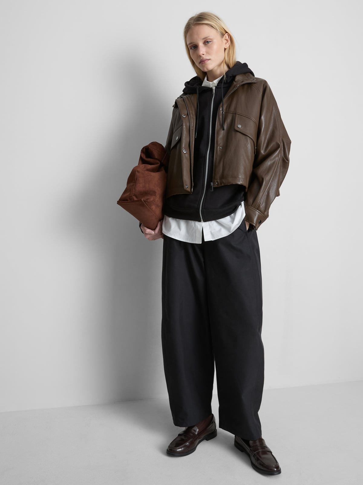 Brown Leather Jacket with Hoodie and Wide-Leg Pants Brown Leather Jacket with Hoodie and Wide-Leg Pants — Classy Modest Outfits