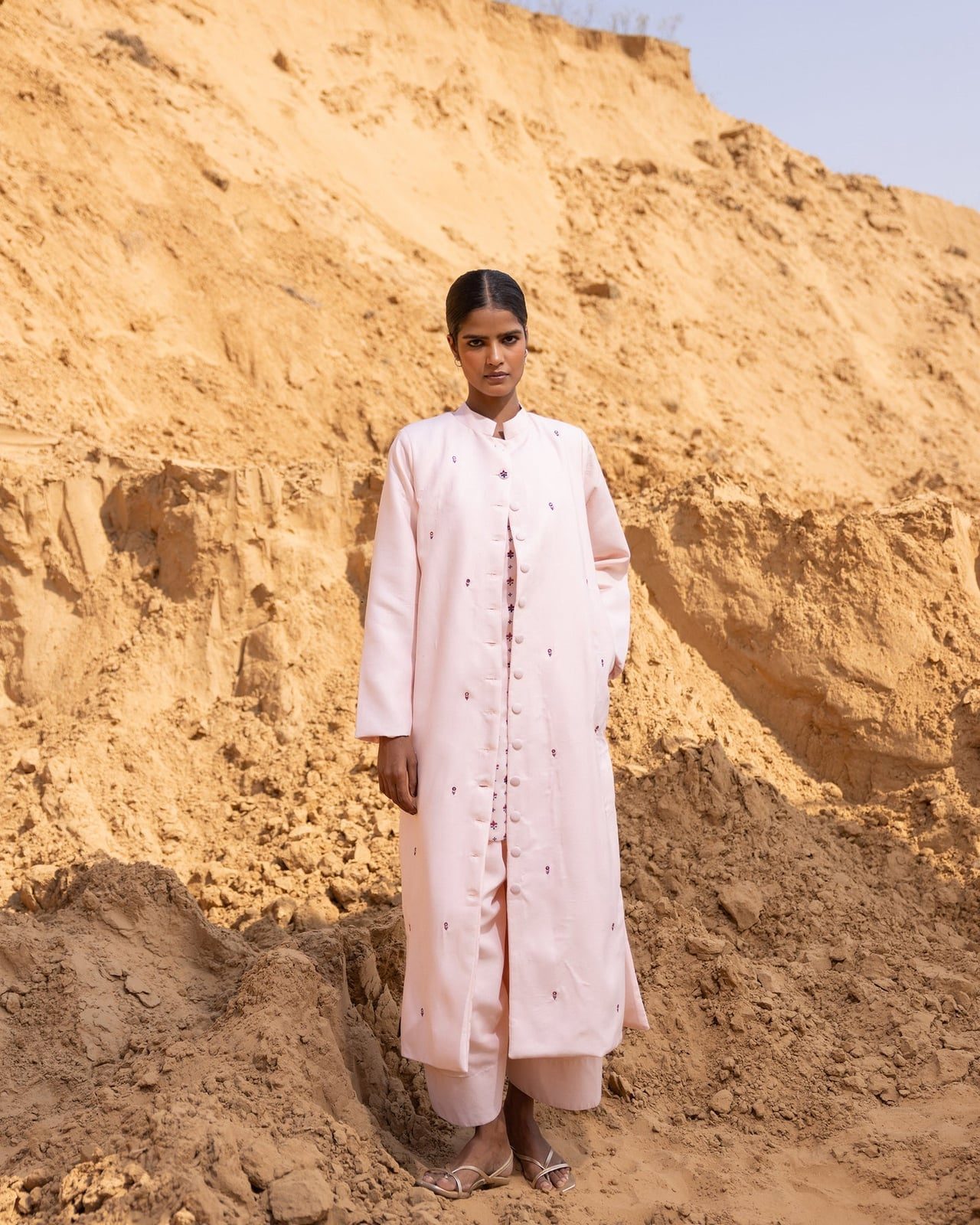 Pale Pink Embroidered Jacket and Printed Trousers Pale Pink Embroidered Jacket and Printed Trousers — Classy Modest Outfits