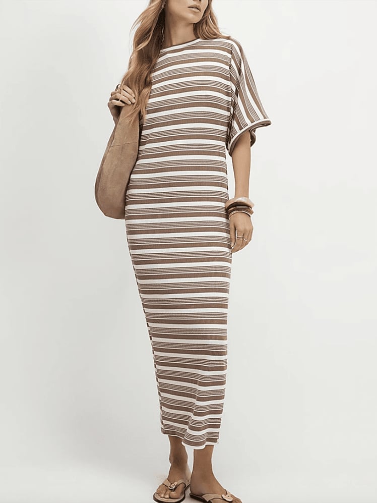 Brown and White Striped Ribbed Knit Maxi Dress Brown and White Striped Ribbed Knit Maxi Dress — Classy Modest Outfits
