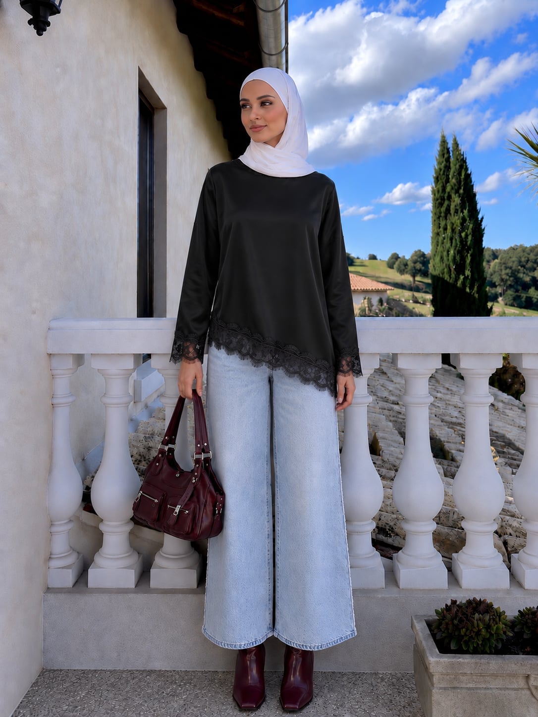 Black Satin Lace Top with Light Blue Jeans Black Satin Lace Top with Light Blue Jeans — Classy Modest Outfits