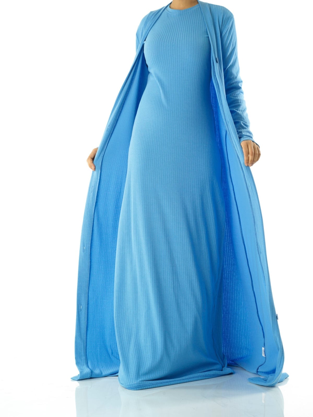 Blue Ribbed Knit Maxi Dress and Cardigan Set Blue Ribbed Knit Maxi Dress and Cardigan Set — Classy Modest Outfits