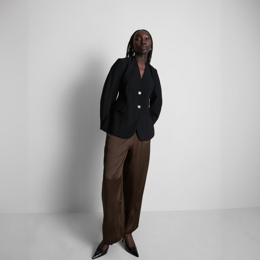 Black Blazer with Gold Buttons and Brown Trousers Black Blazer with Gold Buttons and Brown Trousers — Classy Modest Outfits