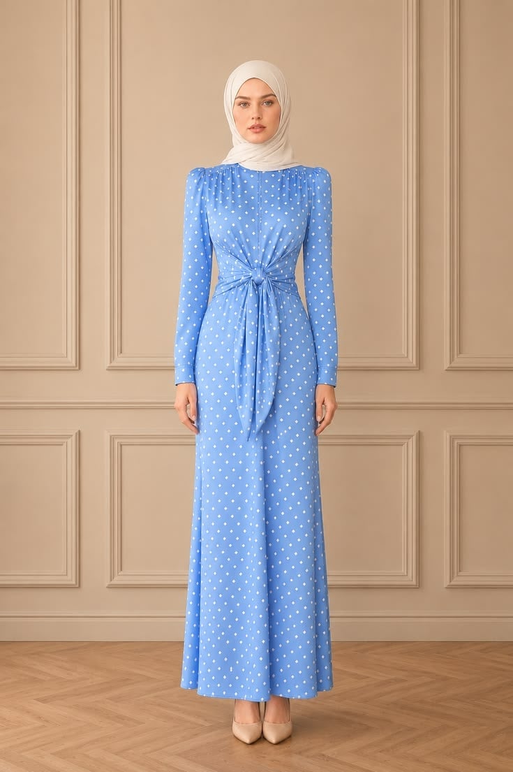 Polka Dot Maxi Dress with Tie-Front Detail Polka Dot Maxi Dress with Tie-Front Detail — Classy Modest Outfits
