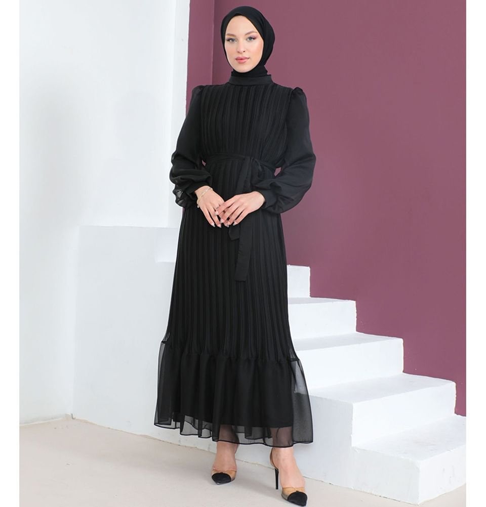 Black Pleated Chiffon Midi Dress Ensemble Black Pleated Chiffon Midi Dress Ensemble — Classy Modest Outfits