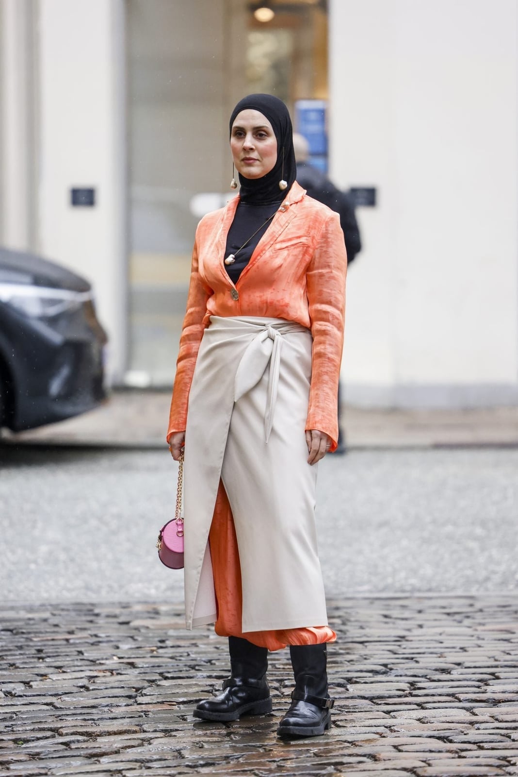 Orange Satin Blazer and Wrap Skirt Street Style Orange Satin Blazer and Wrap Skirt Street Style — Classy Modest Outfits
