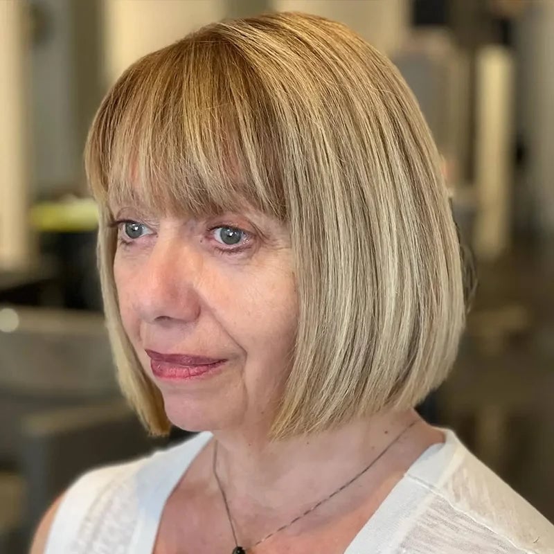 Chin Length Bob Blunt Bangs, Close-Up Take — Classy Mom Haircuts