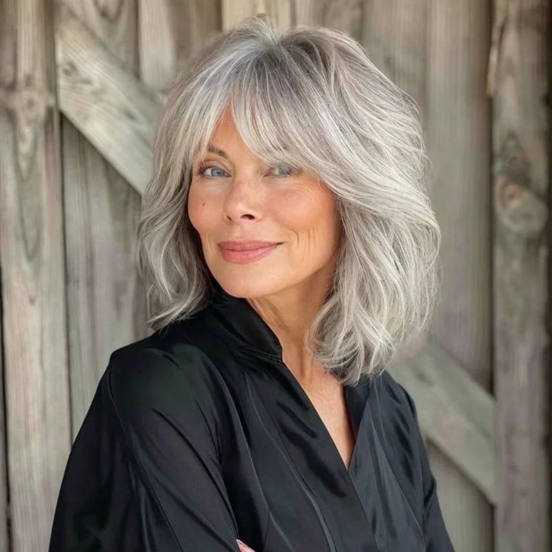 Grey Lob With Curtain Bangs — Classy Mom Haircuts