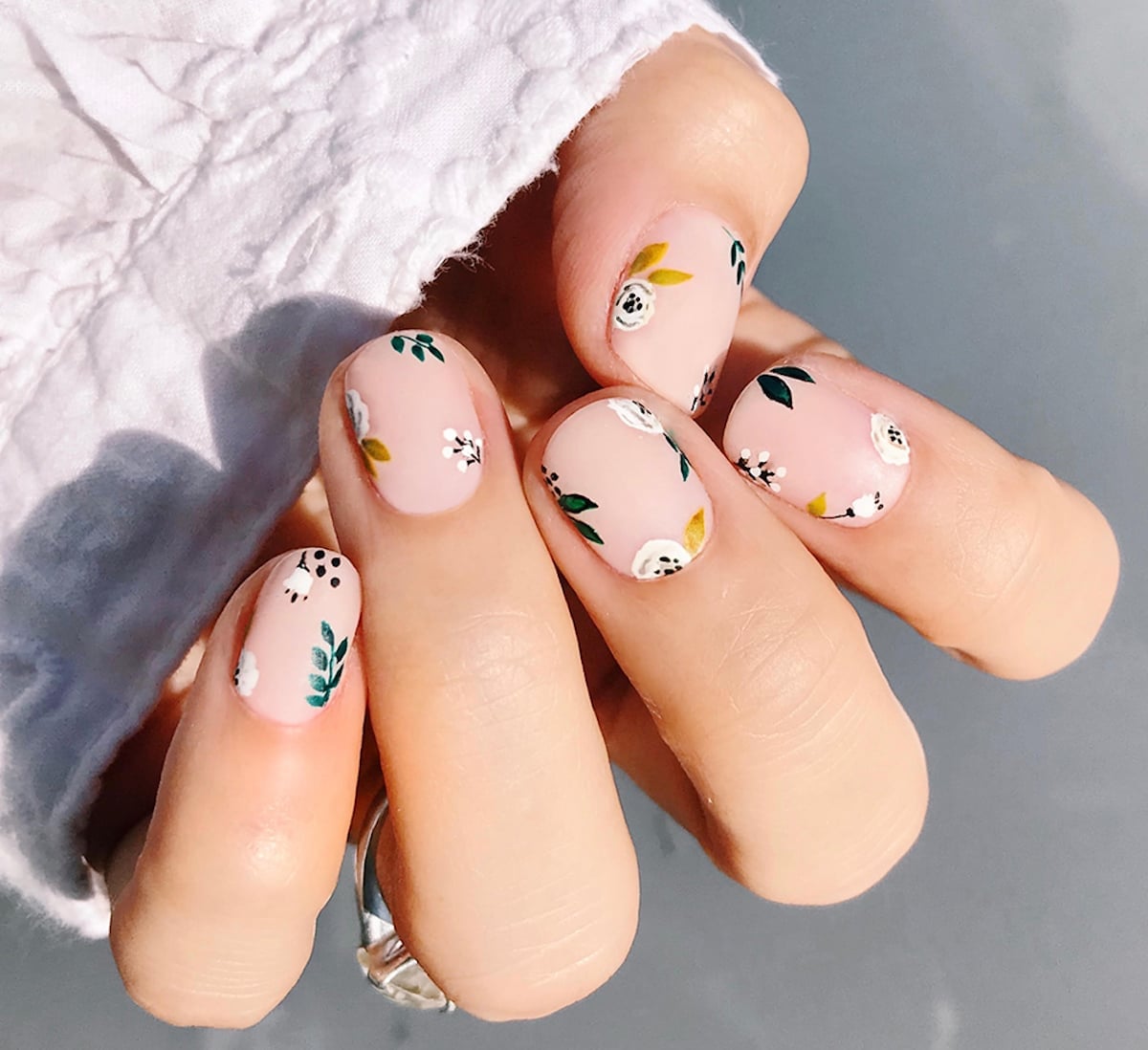 Pale Pink Short Oval Nails with Floral Motifs Pale Pink Short Oval Nails with Floral Motifs — Classy Mom Nails