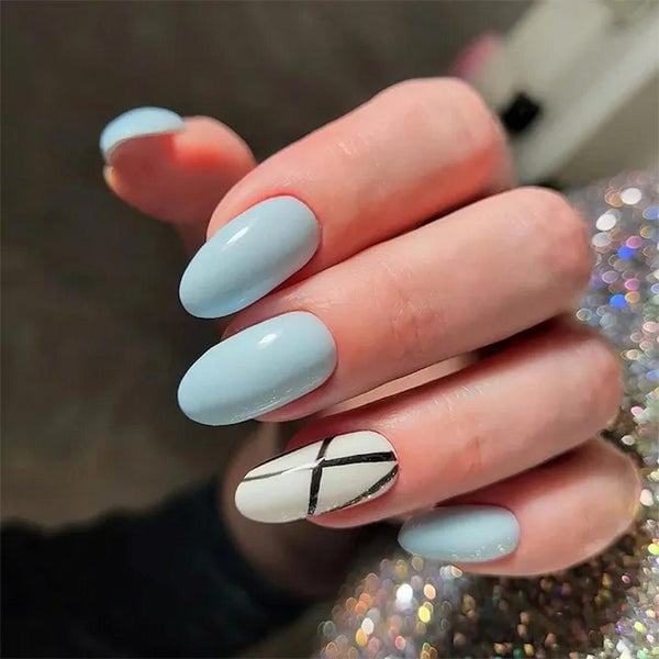 Pastel Blue Short Oval Nails with Black Line Art Pastel Blue Short Oval Nails with Black Line Art — Classy Mom Nails