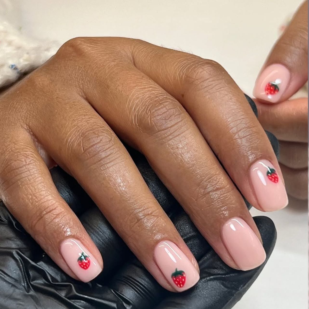 Milky Pink Short Square Nails with Strawberry Art Milky Pink Short Square Nails with Strawberry Art — Classy Mom Nails