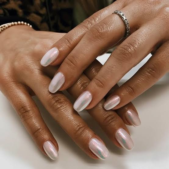 Milky Pearlescent Medium Almond Nails, Close-Up Take Milky Pearlescent Medium Almond Nails, Close-Up Take — Classy Mom Nails