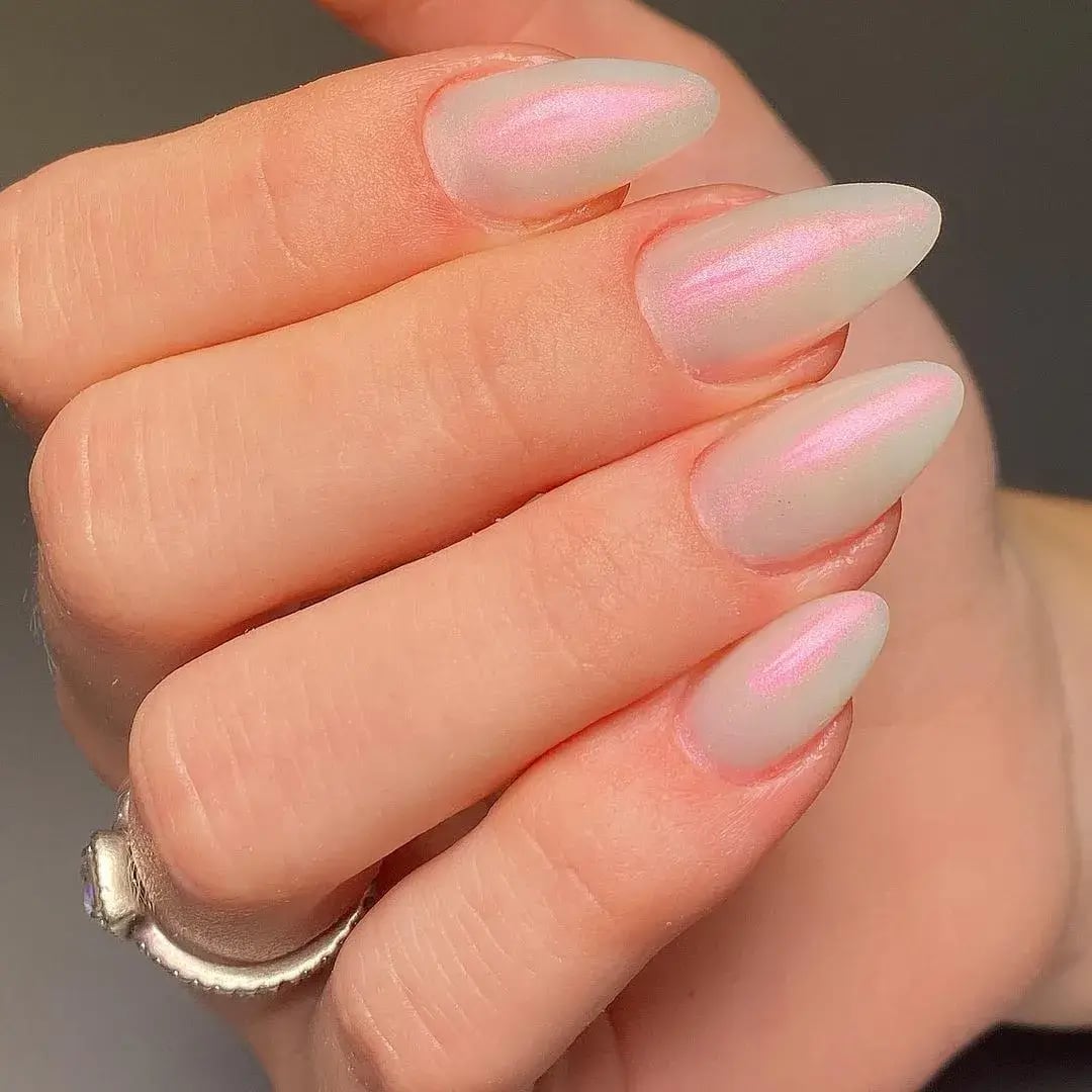 Milky Pink Shimmer Medium Almond Nails Milky Pink Shimmer Medium Almond Nails — Classy Mom Nails