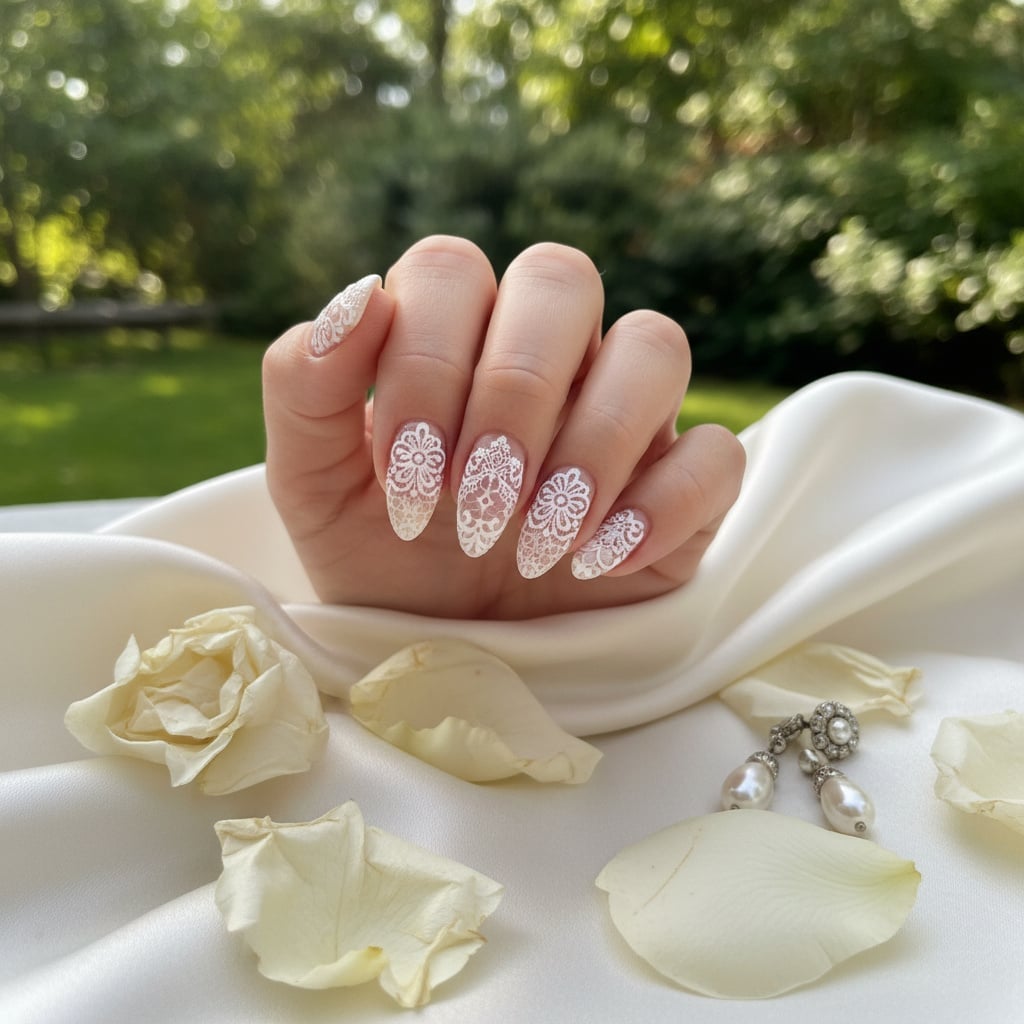 Medium Oval Nails with White Lace Pattern Medium Oval Nails with White Lace Pattern — Classy Mom Nails