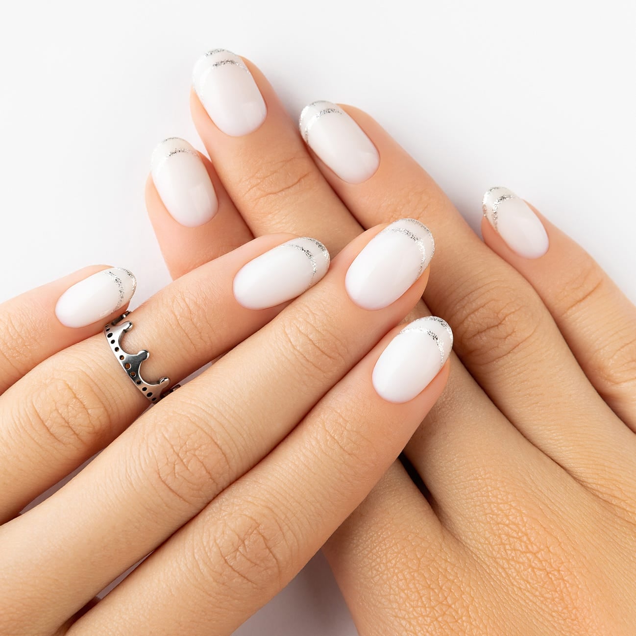 Classic White Short Soft Square Silver Line French Nails Classic White Short Soft Square Silver Line French Nails — Classy Mom Nails
