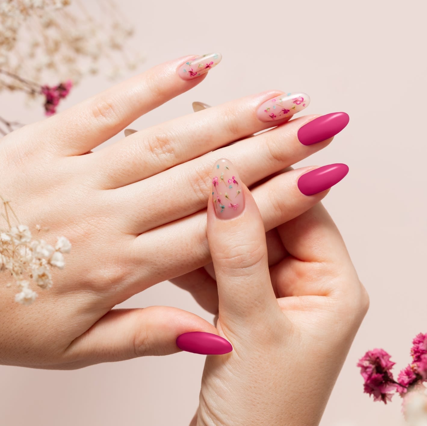 Raspberry Pink Matte and Dried Flower Nails Raspberry Pink Matte and Dried Flower Nails — Classy Mom Nails
