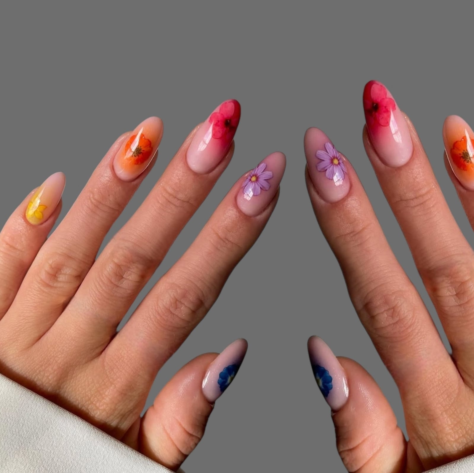 Pink Orange Ombre Long Almond Pressed Flower Nails Pink Orange Ombre Long Almond Pressed Flower Nails — Classy Mom Nails