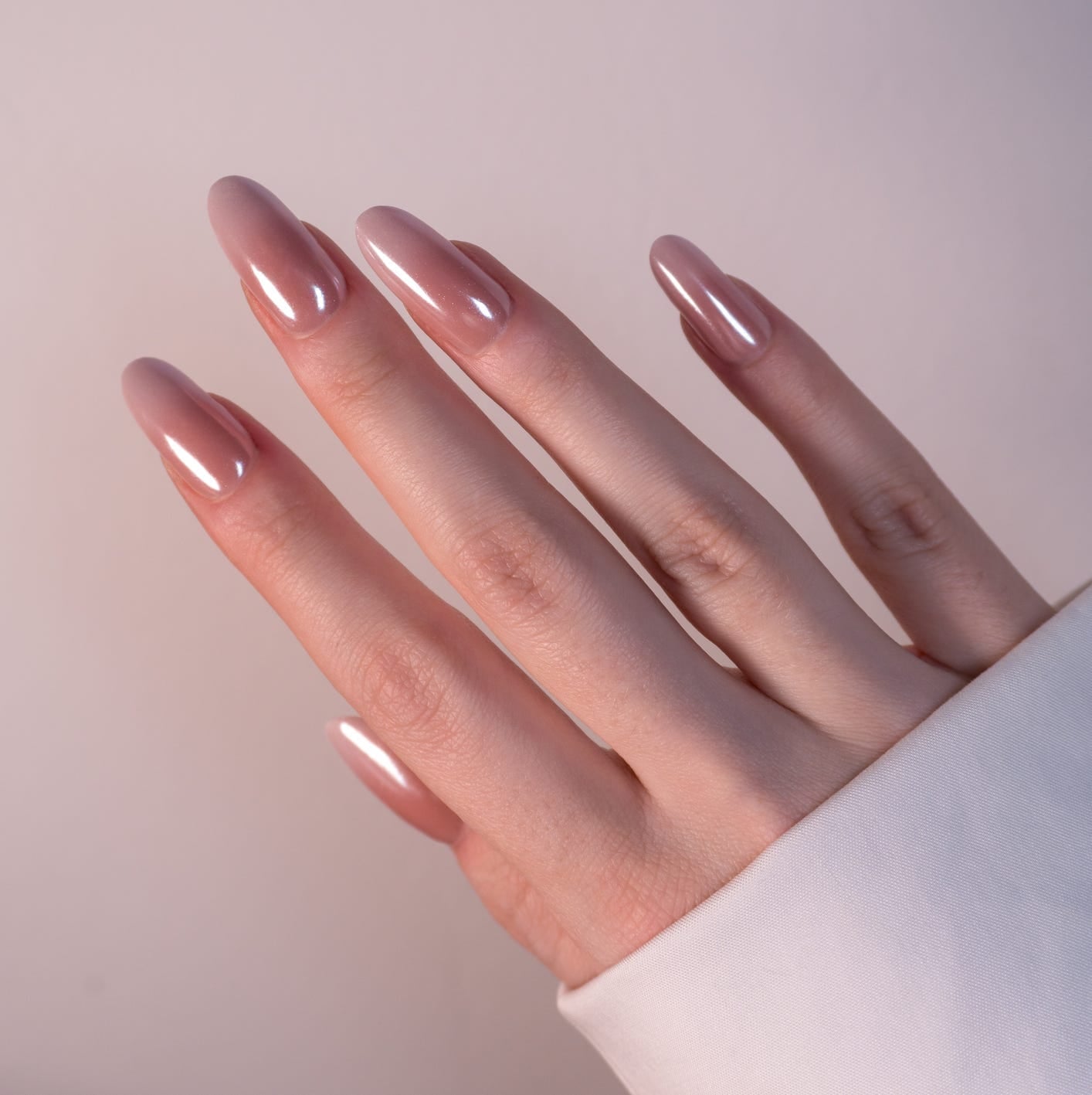 Milky Pink Subtle Shimmer Short Almond Nails, Close-Up Take Milky Pink Subtle Shimmer Short Almond Nails, Close-Up Take — Classy Mom Nails