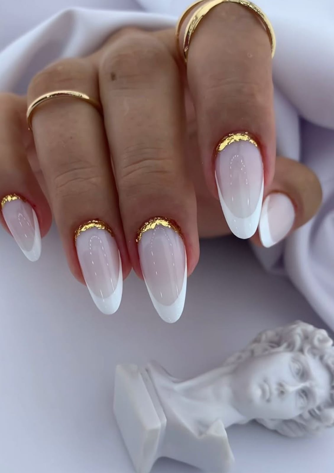 Milky Pink Gold Foil French Short Almond Nails Milky Pink Gold Foil French Short Almond Nails — Classy Mom Nails
