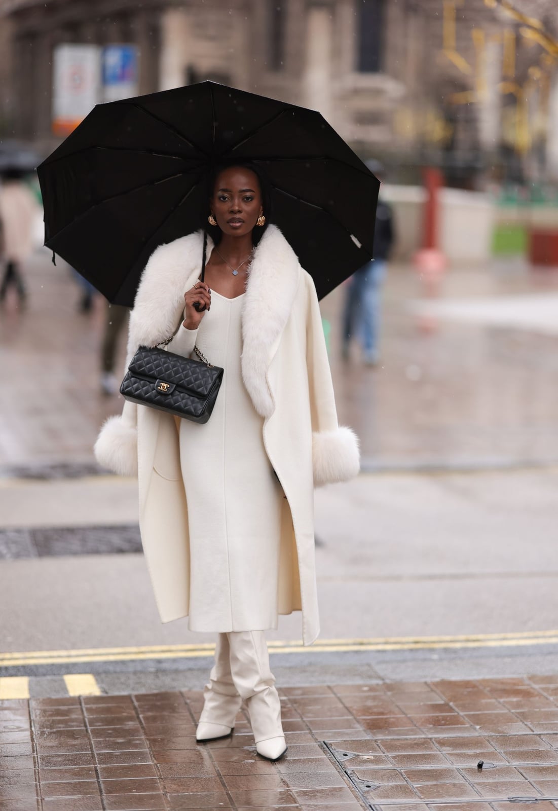 Cream Straight Dress with Fur-Trimmed Coat — Classy Movies Dresses