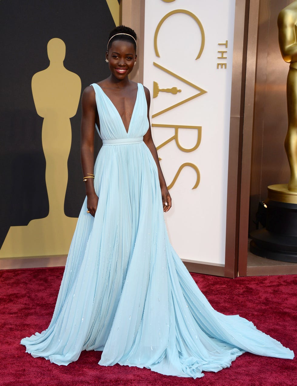 Light Blue Flowing Gown with Plunging Neckline — Classy Movies Dresses