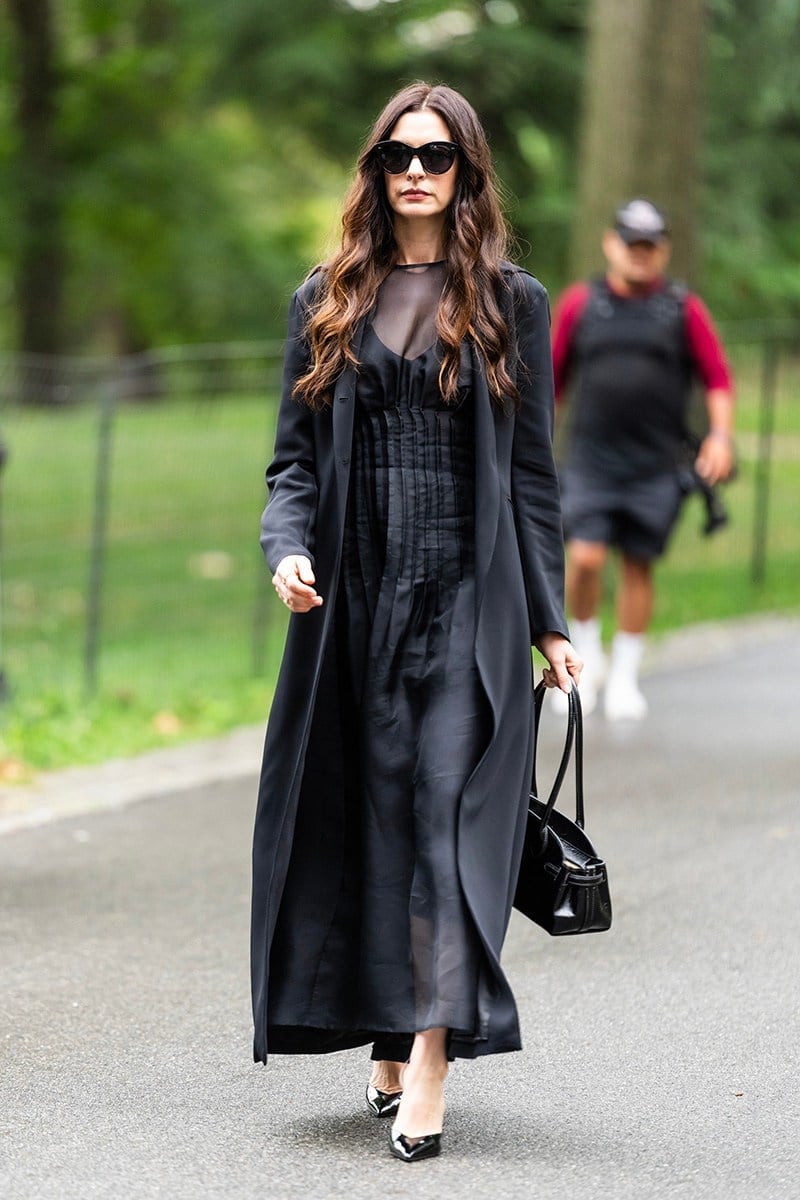 Long Black Dress with Sheer Overlay and Coat — Classy Movies Dresses
