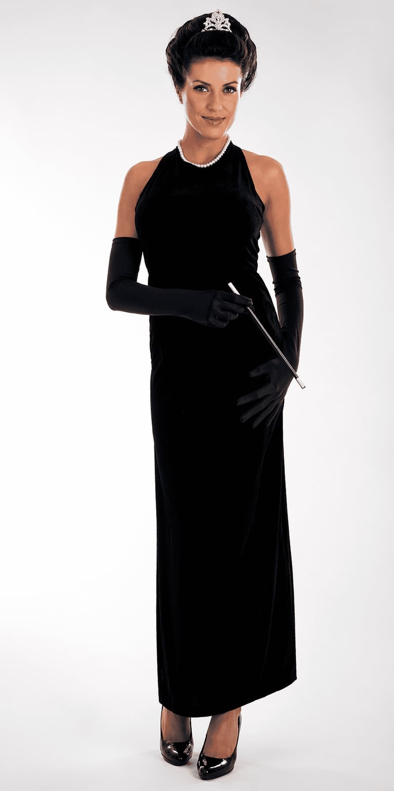 Black Velvet Column Gown with Long Gloves — Classy Movies Dresses