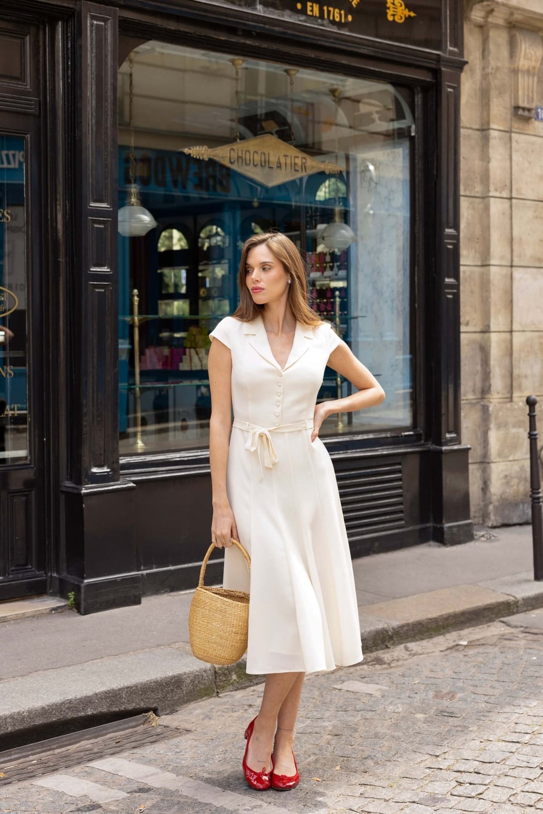Cream Fit-And-Flare Midi Dress — Classy Movies Dresses