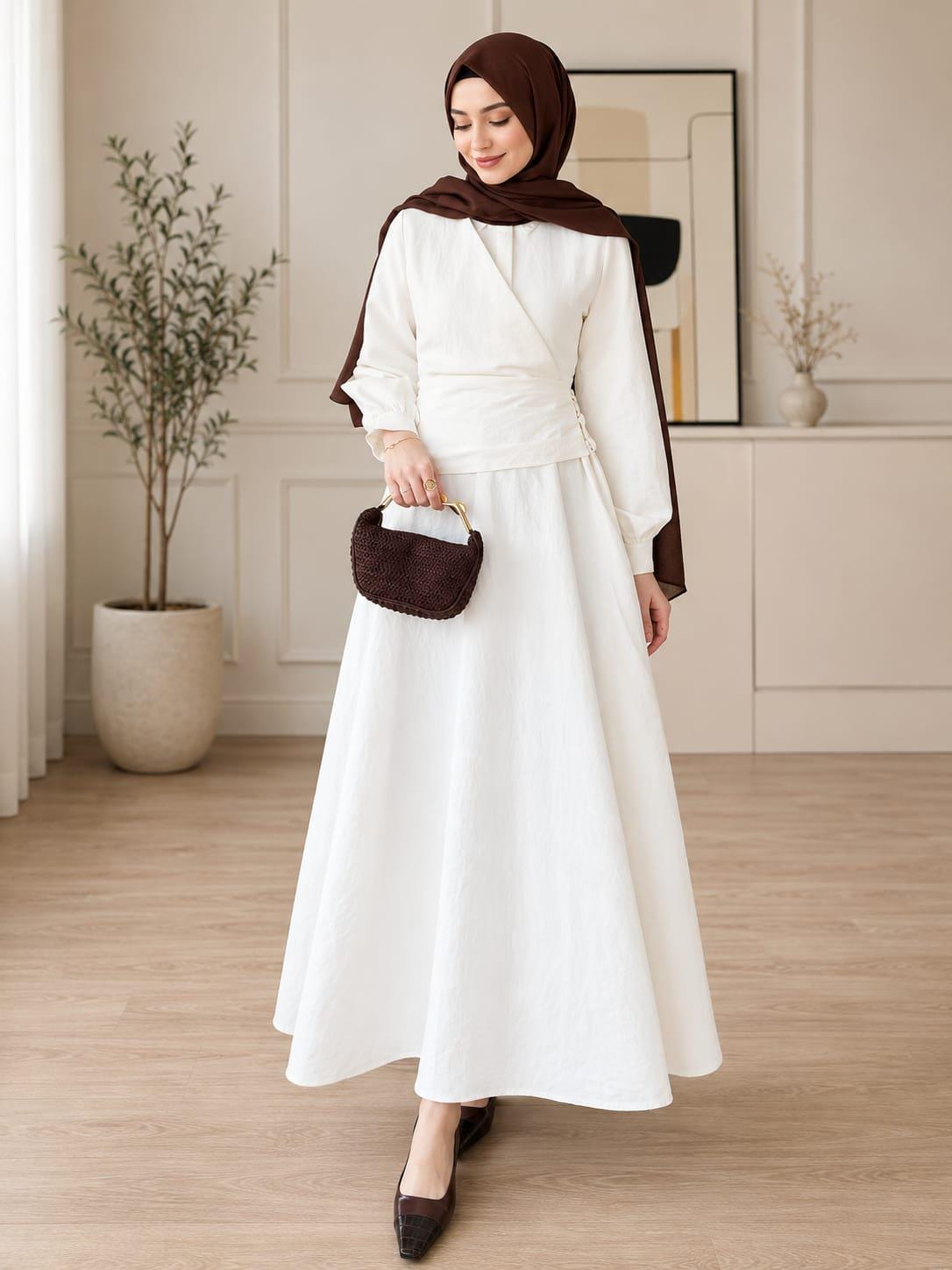 Textured Linen Wrap Dress and Hijab Pairing Textured Linen Wrap Dress and Hijab Pairing — Classy Muslim Outfits